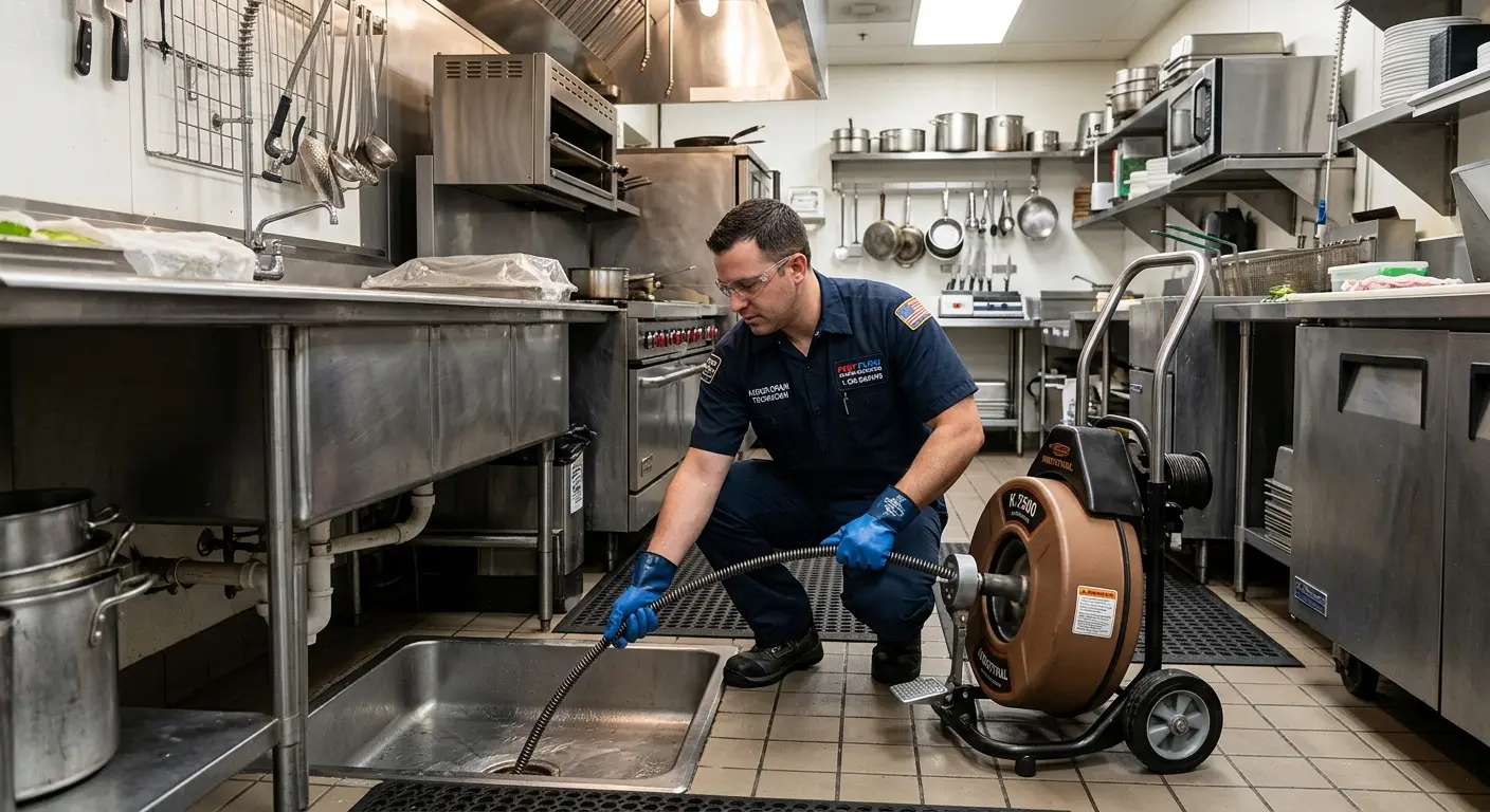 Commercial drain cleaning service in a restaurant kitchen in Notre Dame