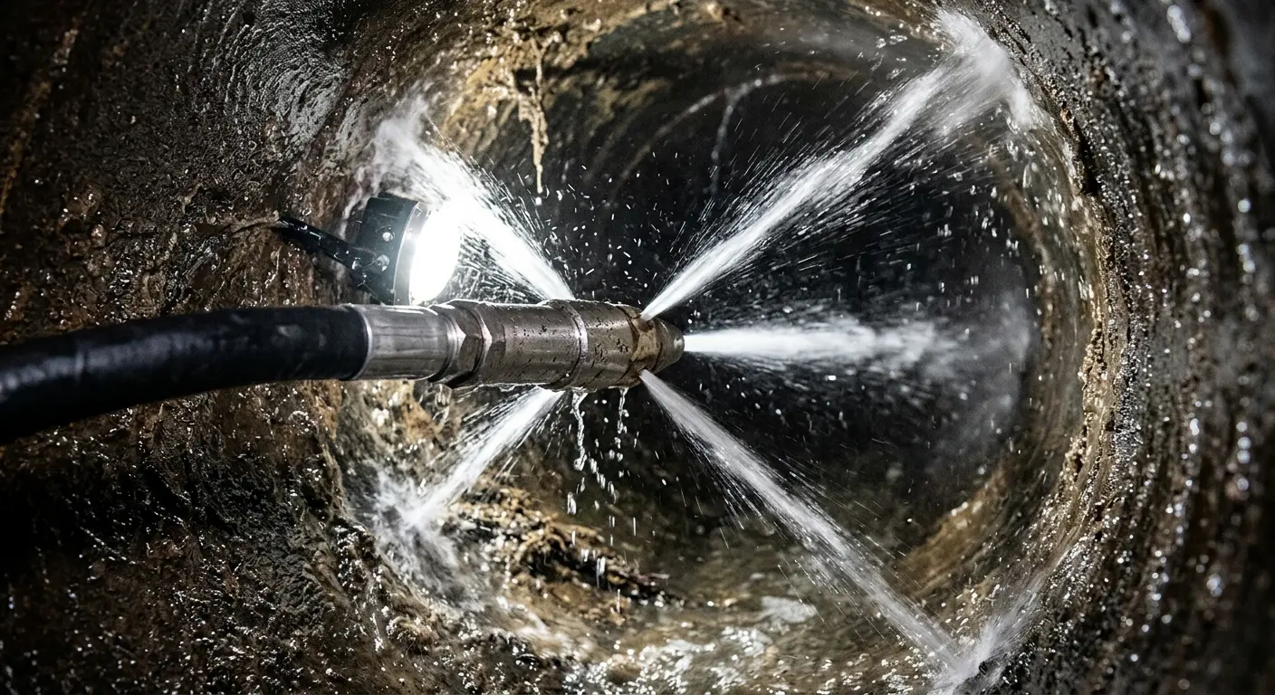 High-pressure hydro jetting nozzle cleaning sewer pipe for Sewer Cleanout in Notre Dame