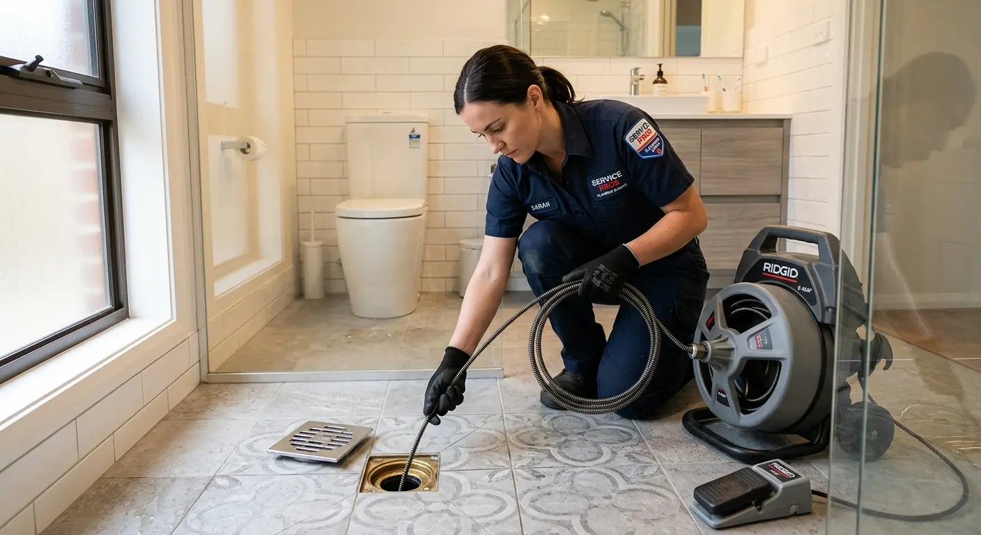 Technician clearing a bathroom floor drain for Drain Repair in Notre Dame